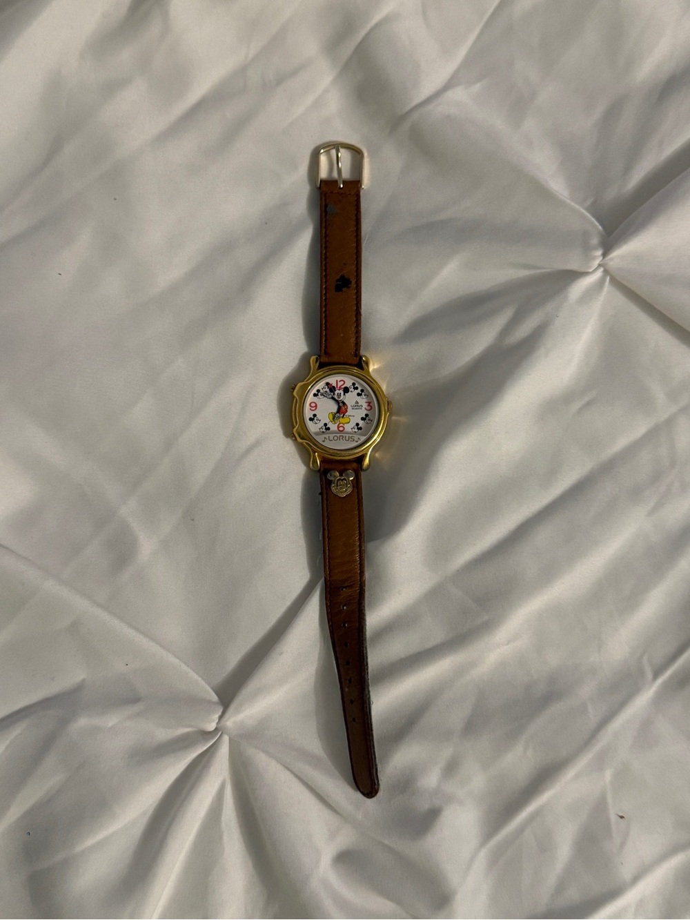 Disney Vintage Mickey Mouse Brown Leather Strap Watch with Gold Case